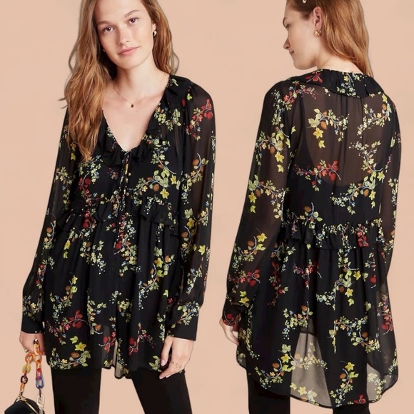 Anthropologie Tops - Anthropologie Jamison Black Floral Sheer Tunic Whimsigoth feminine romantic boho